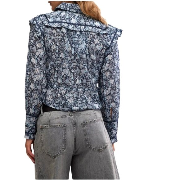 Free People Printed Daybreak Chambray Combo Blouse Floral Ruffled Cotton Small - Picture 2 of 14